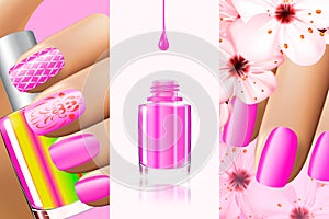 Colorful pink collection of nail designs for summer and spring. Vector 3d illustration. Nailpolish lacquer ads, nail photo
