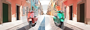 Colorful pink and green scooter on vibrant summer european city street. Vibrant summer background. Created with generative Ai