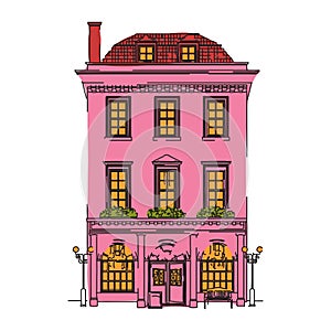 Colorful Pink House with Decorative Windows and Lights