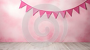 Colorful pink party flags hanging on wall