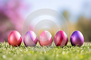 Colorful pink, and purple easter eggs in a row on grass with blurry spring scene in background