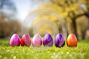 Colorful pink, purple, red and orange easter eggs in a row on grass with blurry spring scene in background