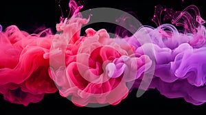 Colorful pink red rainbow smoke paint explosion, motion of liquid ink dye in water. Generative Ai