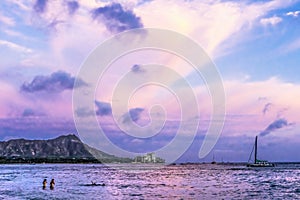 Colorful Pink Sunset Waikiki Beach Swimmers Diamond Head Honolulu Hawaii