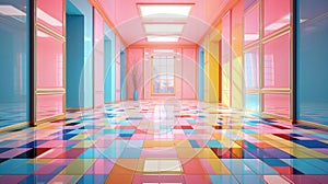 Colorful pink, yellow and cyan geometric abstract room, Generative AI