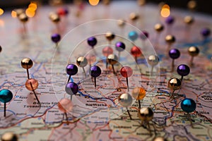 Colorful pins up close, adorning geographical maps for reference and navigation