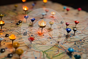 Colorful pins up close, adorning geographical maps for reference and navigation