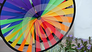 Colorful pinwheel spinning, weather wind vane, garden decoration in USA. Rainbow symbol of childhood, fantasy and imagination