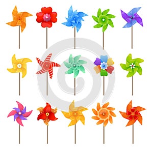 Colorful pinwheel summer toys. Cartoon paper windmills. Different shapes. Quantity vane. Kids origami. Rotated fans