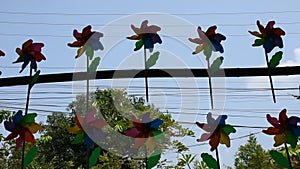 Colorful pinwheel and windmill toy made from plastic bottle recycle in garden