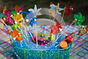 Colorful Pinwheels in a Basket