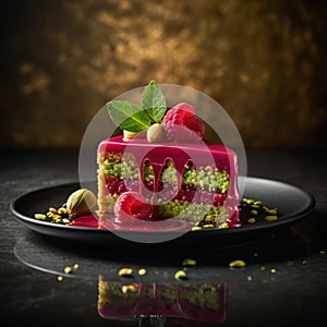 Colorful pistachio and raspberry layer cake with raspberry drizzle