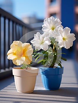 Colorful pitunia flowers in a ceramic flowerpot standing on balcony