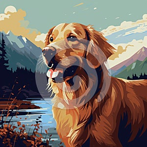 Colorful Pixel-art Golden Retriever Painting By The Lake photo