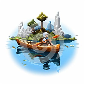 Colorful Pixel Art Illustration Of A Man Kayaking In A Canoe
