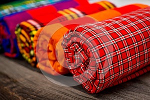 Colorful plaids of the Masai tribe. African blankets from Kenya and Tanzania.
