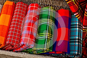 Colorful plaids of the Masai tribe. African blankets from Kenya and Tanzania.