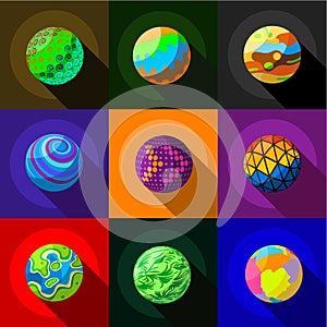 Colorful planets icons set, flat style