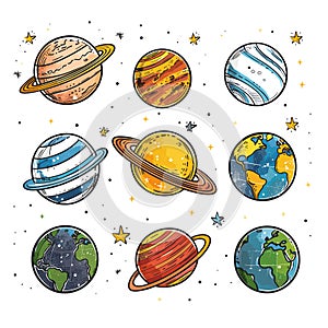 Colorful planets stars space celestial bodies handdrawn style art. Solar system astronomy
