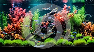 Colorful plants in aquarium tank with Nature generated by AI tool.