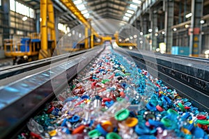 Colorful plastic bottle caps on conveyor belt at recycling facility, ready for processing.