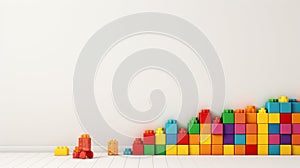 Colorful plastic bricks for kid, toddler, education and learning, toy shop, flat lay, copy space on white background