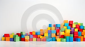 Colorful plastic bricks for kid, toddler, education and learning, toy shop, flat lay, copy space on white background