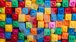 Colorful plastic bricks for kid, toddler, education and learning, toy shop, flat lay, copy space on white background