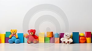 Colorful plastic bricks for kid, toddler, education and learning, toy shop, flat lay, copy space on white background