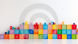 Colorful plastic bricks for kid, toddler, education and learning, toy shop, flat lay, copy space on white background