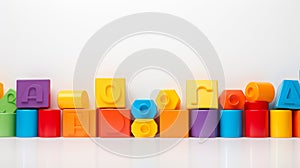 Colorful plastic bricks for kid, toddler, education and learning, toy shop, flat lay, copy space on white background