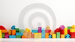 Colorful plastic bricks for kid, toddler, education and learning, toy shop, flat lay, copy space on white background