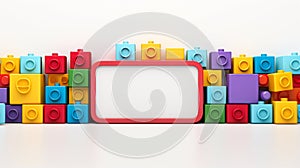 Colorful plastic bricks for kid, toddler, education and learning, toy shop, flat lay, copy space on white background