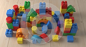 Colorful plastic building blocks scattered on