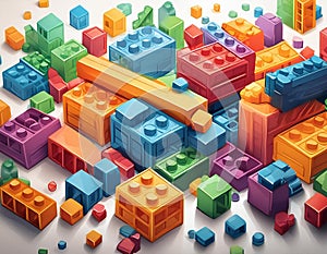 Colorful plastic building blocks scattered on a white background