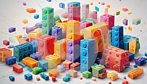 Colorful plastic building blocks scattered on a white background