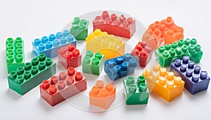 Colorful plastic building blocks scattered on a white background