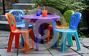Colorful plastic Children chairs and table in the garden