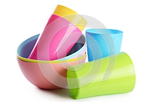 Colorful plastic cups and plates