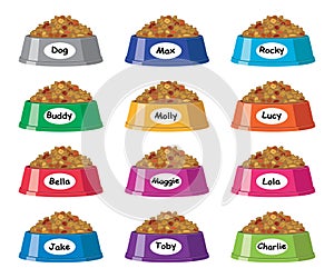 Colorful plastic dog bowls with dog food, vector