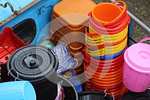 Colorful plastic made bowl and buckets selling on local market.