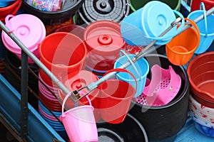 Colorful plastic made bowl and buckets selling on local market.