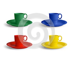 Colorful plastic mugs on white background with clipping path. Kids toy