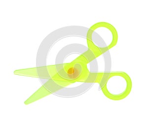 Colorful plastic scissors on white background.