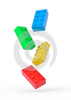 Colorful plastic toy building blocks on white background