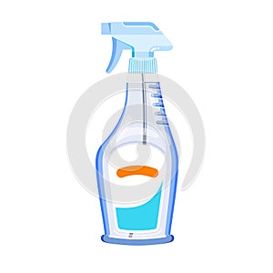 Colorful plastic transparent cleaning agent bottle with spray cup. Cleaner liquid sprayer on isolated background. Modern