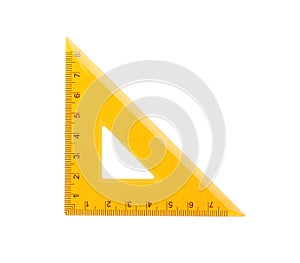 Colorful plastic triangular ruler isolated on white. School stationery