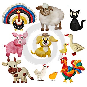 Colorful plasticine 3D farm animals pets icons set isolated on white background