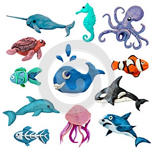 Colorful plasticine 3D sea animals icons set isolated on white background