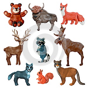 Colorful plasticine 3D woodland animals icons set isolated on white background